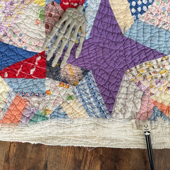 Vintage Antique 40s Hand-Sewn Multicolor Spider Web Feedsack Quilt ~ 65 x 86 - Picture 7 of 7